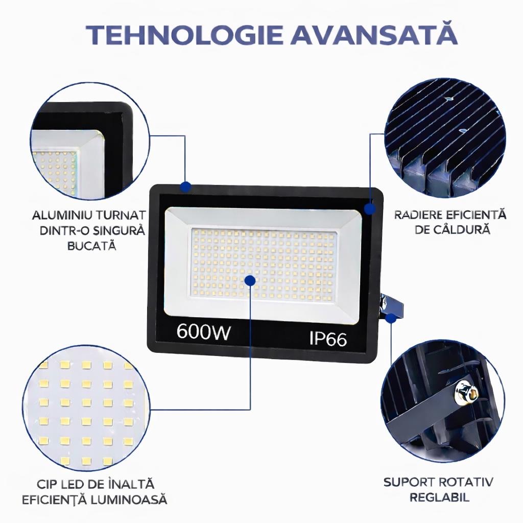 Proiector LED 600W Exterior, 520 LED-uri, Lumina Rece Intensa, Carcasa Aluminiu + Sticla, 40000 Lumeni, IP66 Rezistent la Apa si Praf, Alimentare 220V, Curte, Garaj, Parcare, Iluminare Profesionala