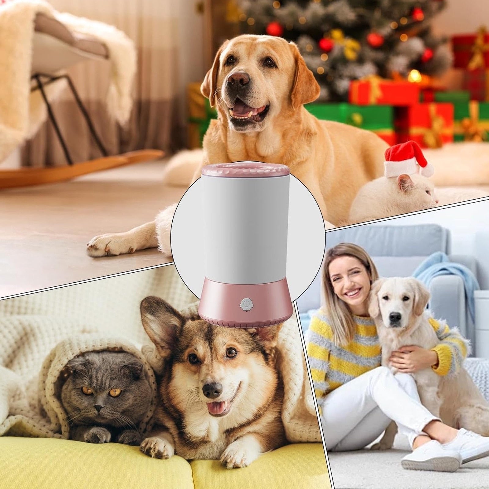 Dispozitiv Pentru Curatare si Dezinfectare Labute Caini si Pisici Automat, SINBINTA, 2 viteze si rotatie bidirectionala, Perii din silicon moale, Amovibil si impermeabil, Pentru Igiena animale de companie de talie mica/medie, 17x10.6x9.6cm, Roz