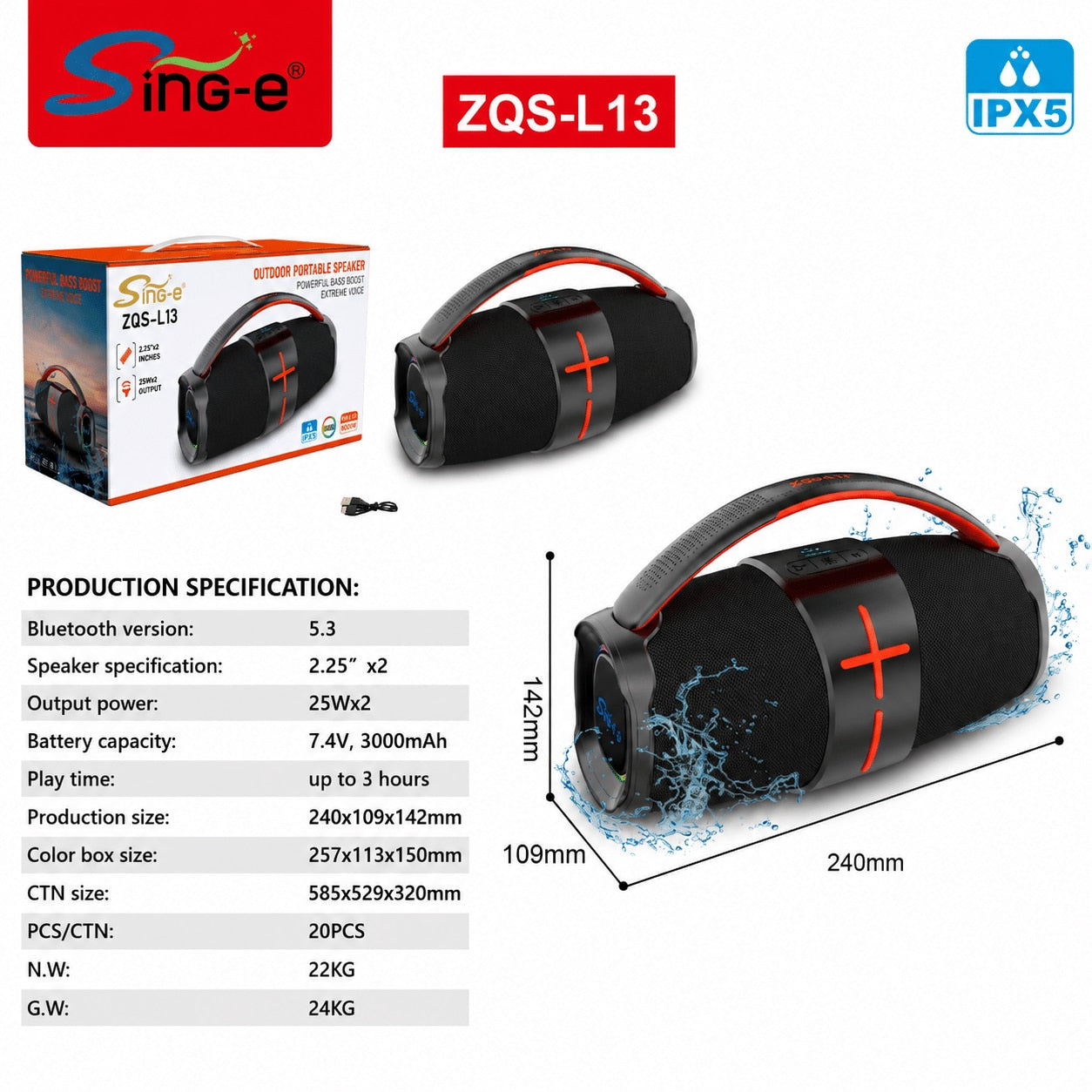 Boxa Portabila Bluetooth Sing-e® ZQS-L13, 200W PMPO, Difuzoare 2 x 2.25", Bass Boost, RGB LED, USB, TF Card, AUX, IPX5, Acumulator 3000mAh