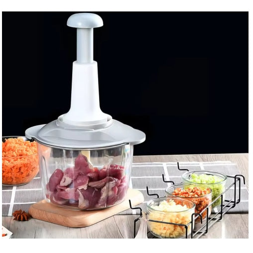 Tocator Manual Multifunctional 2L, 3 Lame Inox, Sistem Push, pentru Legume, Fructe