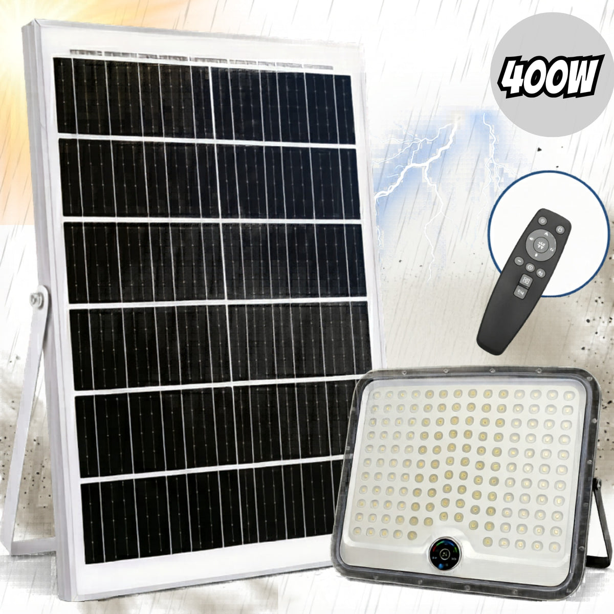 Proiector LED de Iluminat cu Incarcare Solara Premium Infiniteea™, 400W, Kit Complet cu Proiector LED High-Output, Panou Fotovoltaic Monocristalin, Telecomanda Inteligenta a si Kit de Montaj, Autonomie Extinsa, Protectie Rezistent la Intemperii, Negru