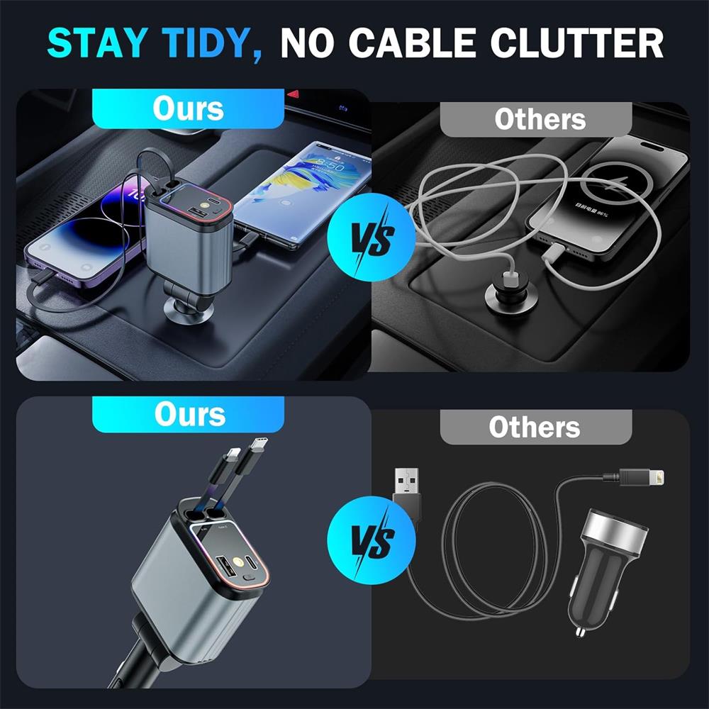 Incarcator auto 66W Fast Charge, cu cablu retractabil si proiector stelar, 3 in 1 cablu inclus, Type-C/Lightning/USB-A, compatibil Apple/Samsung/Huawei, BEEVME, Gri metalizat