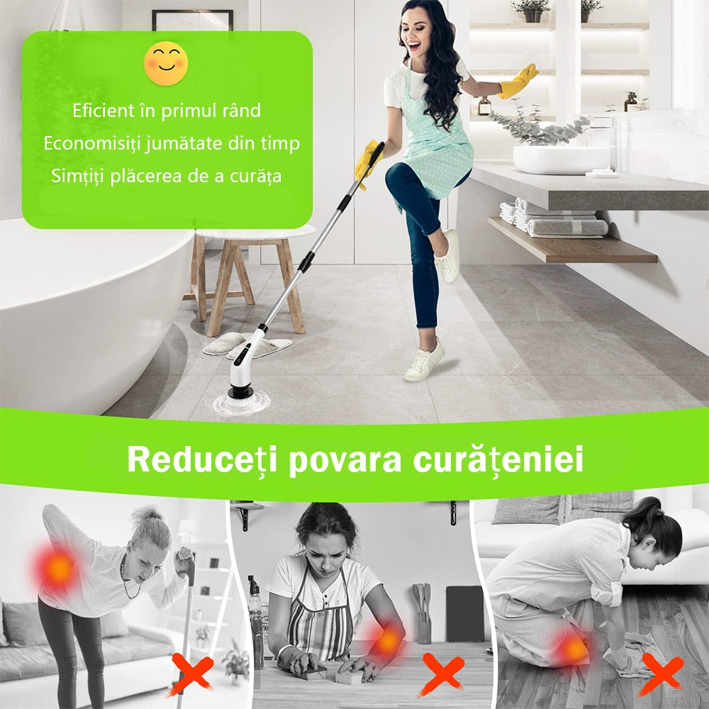 Perie electrica de curatare rotativa, perie electrica de curatare fara fir, cu 9 capete de periere inlocuibile, masina de spalat electric cu 2 trepte, cu maner reglabil si detasabil, potrivita pentru bai, bucatarii, cazi de baie, podele si masini