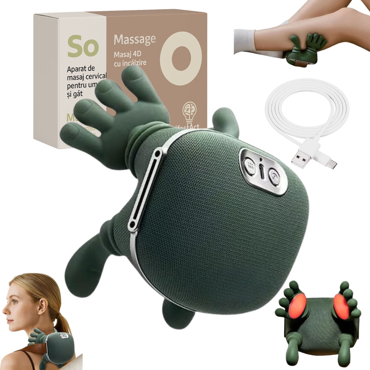 Aparat masaj cervical gat si umeri 4D cu incalzire, ManifestAct profesional, fara fir, masaj ce imita mana umana, 3 moduri, cu autonomie mare la baterie pentru relaxare si dureri musculare perfect pentru un cadou pentru cei dragi GARANTIE 5 ANI