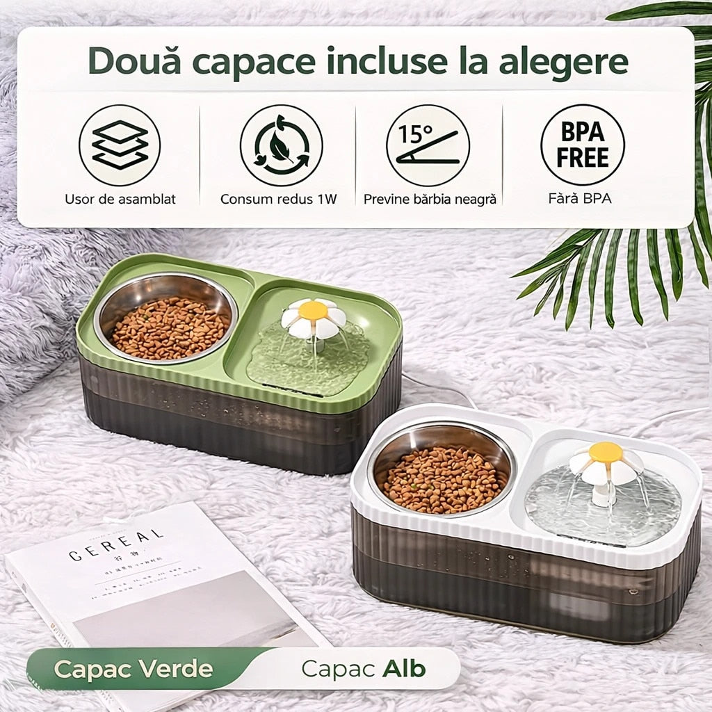 Fantana Apa Caini si Pisici 3L cu Filtru & Pompa Silentioasa + Bol Inox – Dispenser Automat Pet