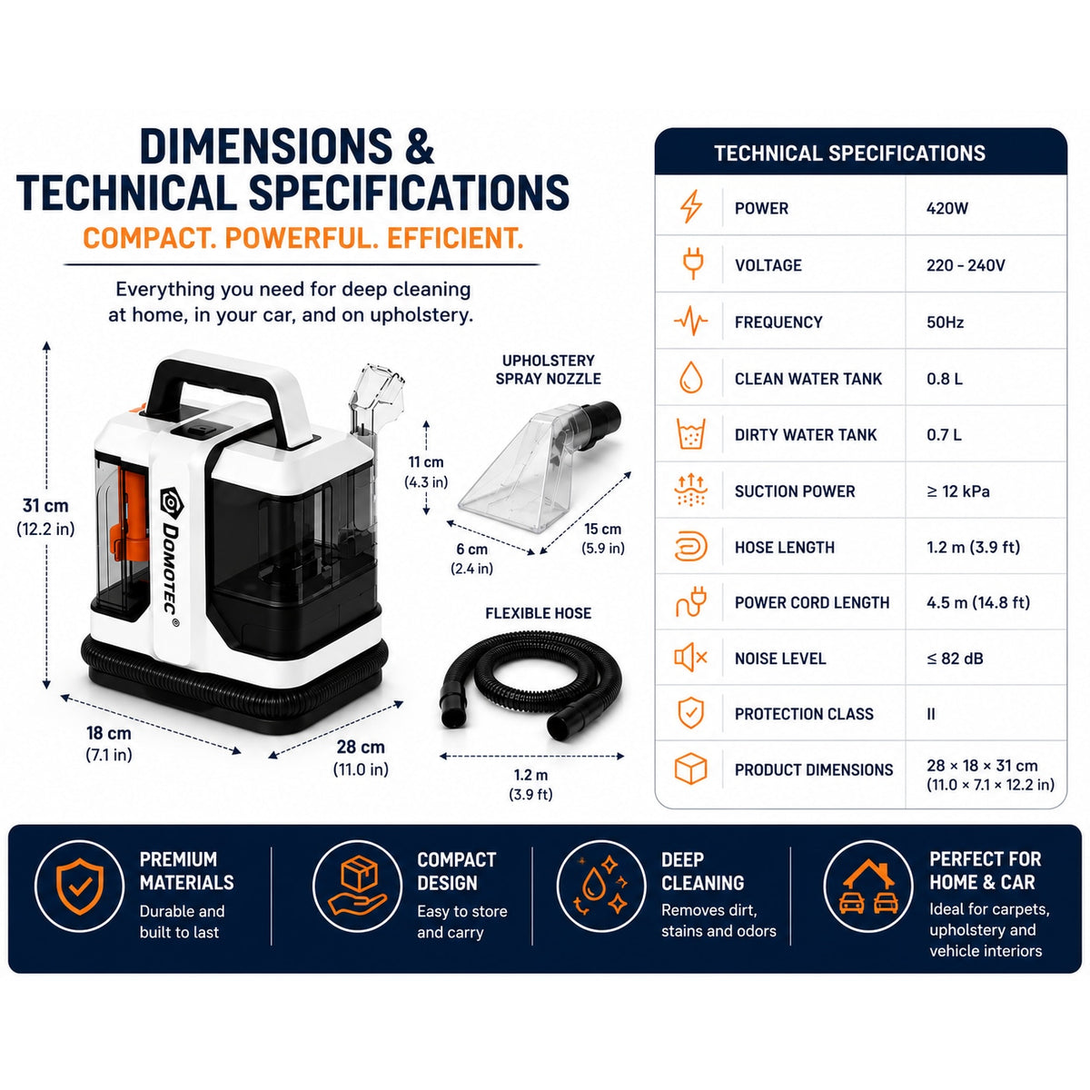 Aspirator cu Spalare DOMOTEC MS-4415, Curatare Covoare, Canapele, Saltele si Tapiterie Auto, Spray-Extractie, 420W, Rezervor 0.8L