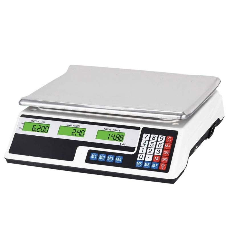 Cantar Electronic Comercial SIKS Pentru Magazin Sau Piata, Pentru Legume / Fructe/ Pepeni, Cantarire Maxima 40 kg, Masurare Precisa, Digital, Functie De Memorie, Display Dublu Iluminat, Culoare Alb