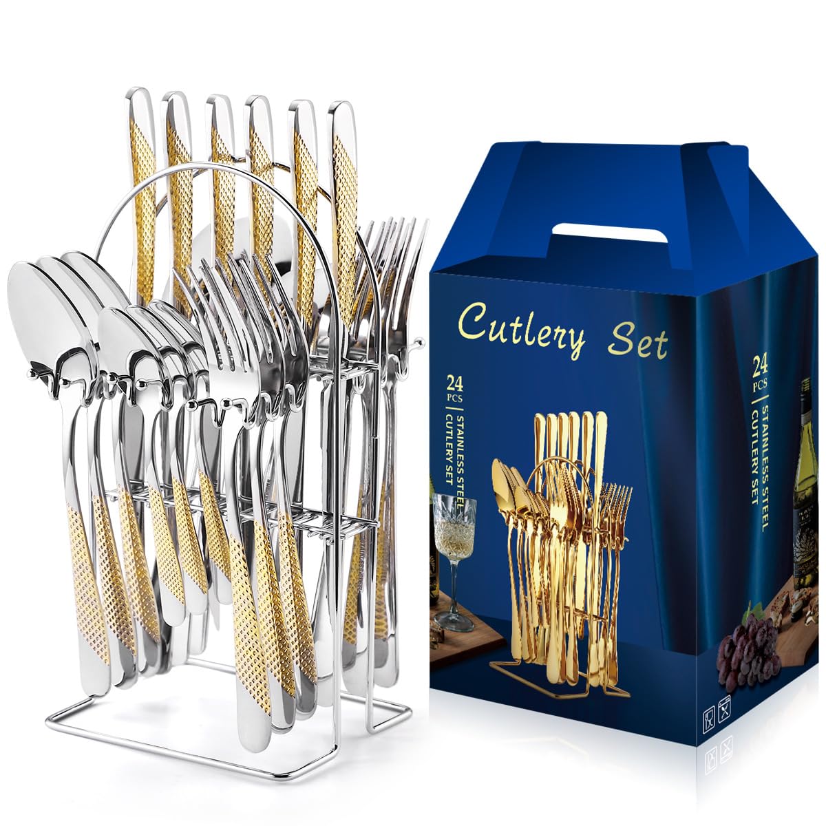 Set tacamuri din inox 24 piese, 6 x cutite, 6 x linguri, 6 x furculite, 6 x lingurite, Argint, Otel Inoxidabil, Design Modern, Set de Tacamuri Furculita si Lingura cu Cutie Cadou, Suport din Fier pentru Hotel si Casa