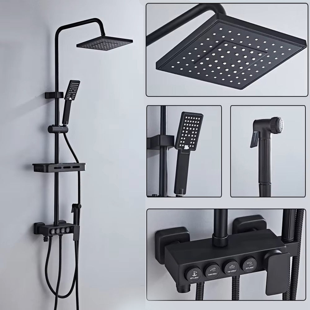 Coloana de Dus Multifunctionala, Novastride®, Set Complet cu Etajera Cosmetice, Para de Dus, Palarie Dus cu Efect Ploaie, 3 Moduri de Pulverizare, Design Modern, Negru