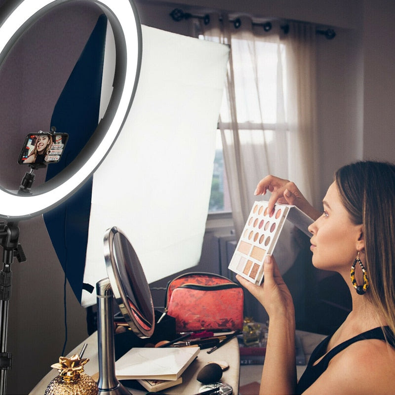 Lampa circulara Ring Light, diametru 20cm/8inch LED, lumina naturala/rece/calda, conectare USB, reglaj intensitate, suport telefon, trepied 210 cm inclus
