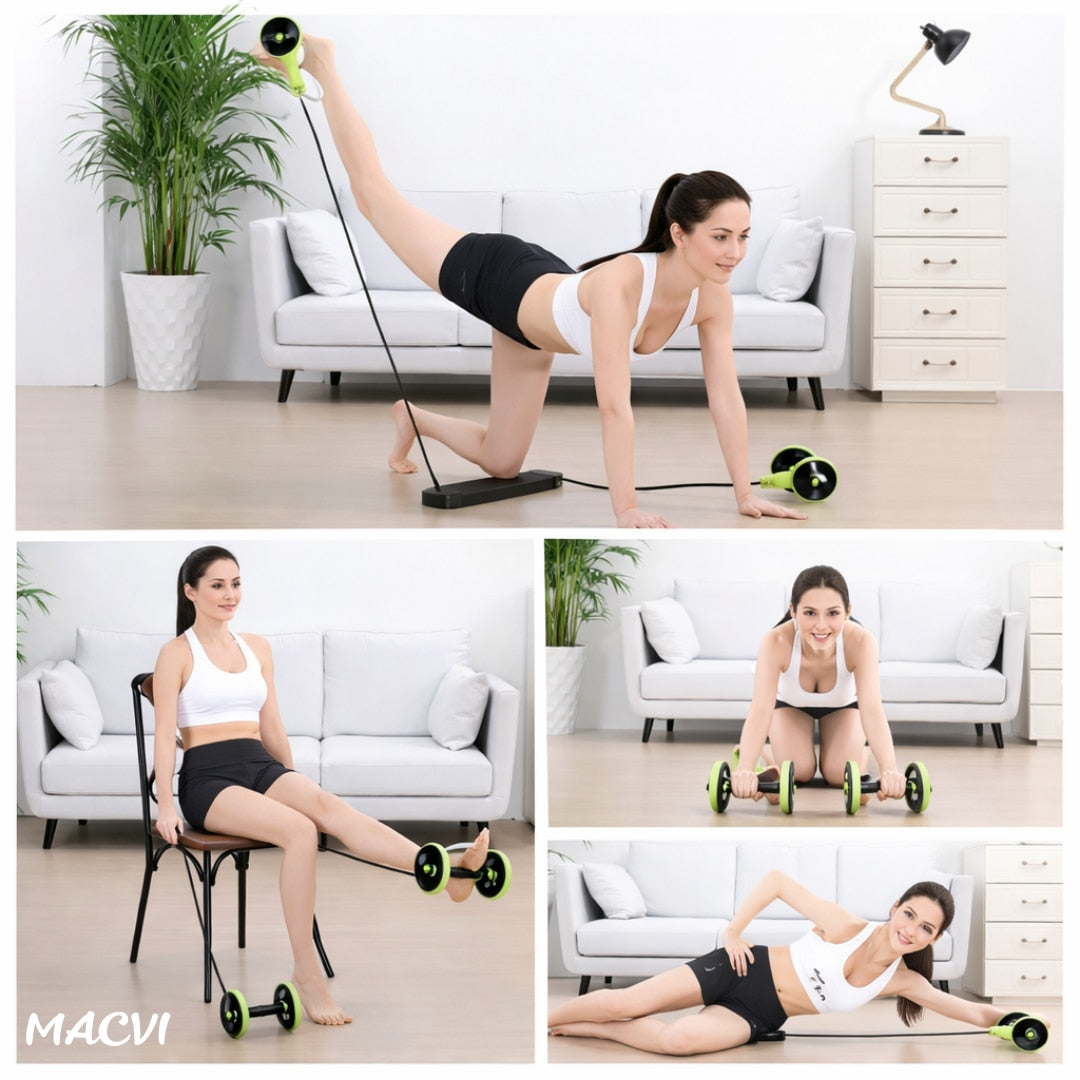 Aparat fitness Macvi® cu role duble si corzi elastice, pentru abdomene, spate, brate si picioare, cu baza antiderapanta