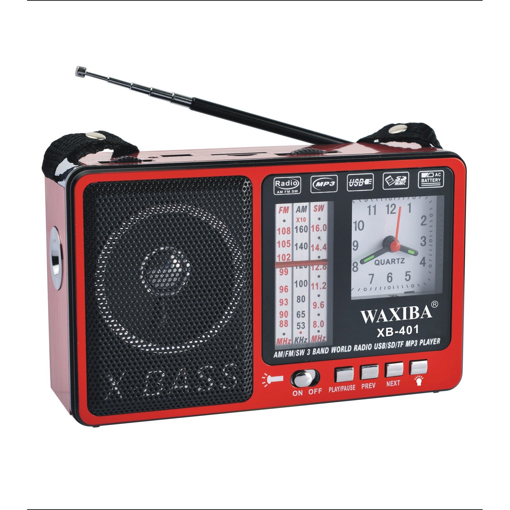 Elworld XB-401C Radio portabil cu ceas quartz si lanterna, player MP3 USB si card TF/MMC, radio AM/FM/SW, baterie reincarcabila incorporata, rosu