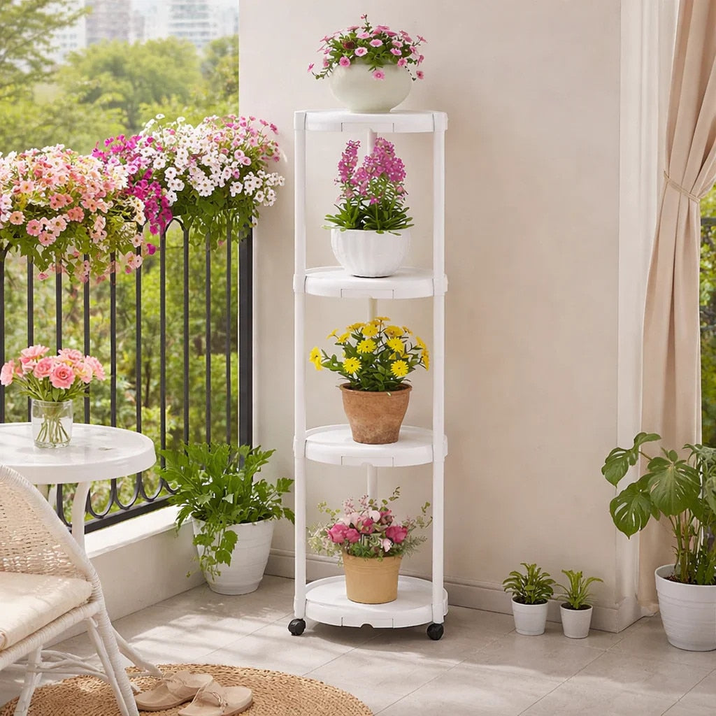 Suport Multifunctional pentru Flori si Plante 4 Niveluri cu Roti 132 cm Promagg – Etajera Metalica pentru Interior si Exterior