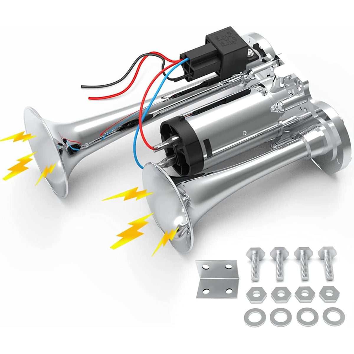 Claxon electric super puternic, Aliaj Zinc / Aluminiu, 12V, 150 dB, Design cu doua trompete, Argintiu