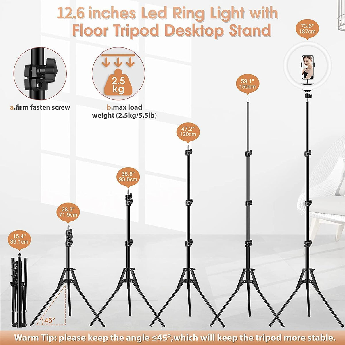 Cerc Luminos Ring Light LED 45cm/18inch, 3 moduri de lumina, 10 trepte reglaj, 3 suporti telefon, telecomanda selfie, trepied 210cm inclus