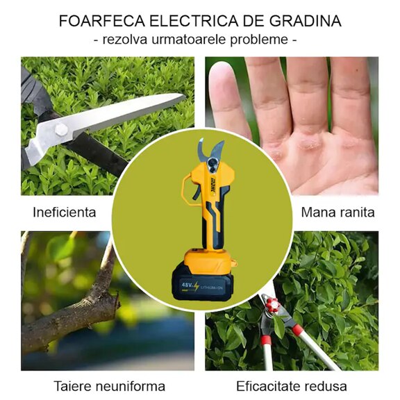 Foarfeca electrica de gradinarit, UNİBOX, portabila, acumulator 48V Li-Ion, galben-negru