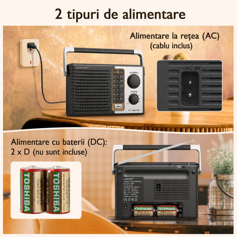 Radio Leotec LT 1807 LW, 4 benzi FM/LW/SW1/SW2, radio portabil cu baterii sau la priza, mufa casti, potrivit pentru seniori si casa, negru