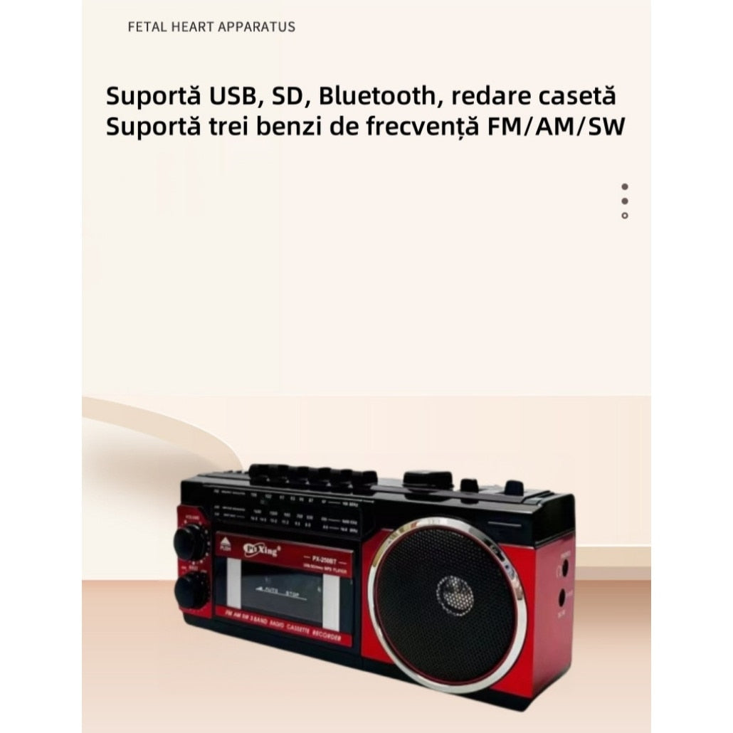 Radio portabil, Bluetooth, banda completa, FM/AM/SW, 110V/60Hz-220V/50Hz, card SD, USB, interfata audio de 3,5 mm, putere mare, buton multifunctional, suport redare caseta, raport semnal-zgomot 30dB, calitate sunet HD, stil retro, rosu