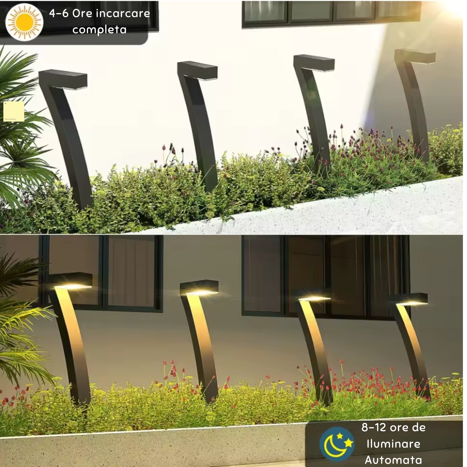 Set 4 Lampi Solare Gradina LED 45cm | 2X Mai Luminoase, Rezistente Apa, Autonomie 6-12 Ore | Lumina Calda pentru Alei si Terase