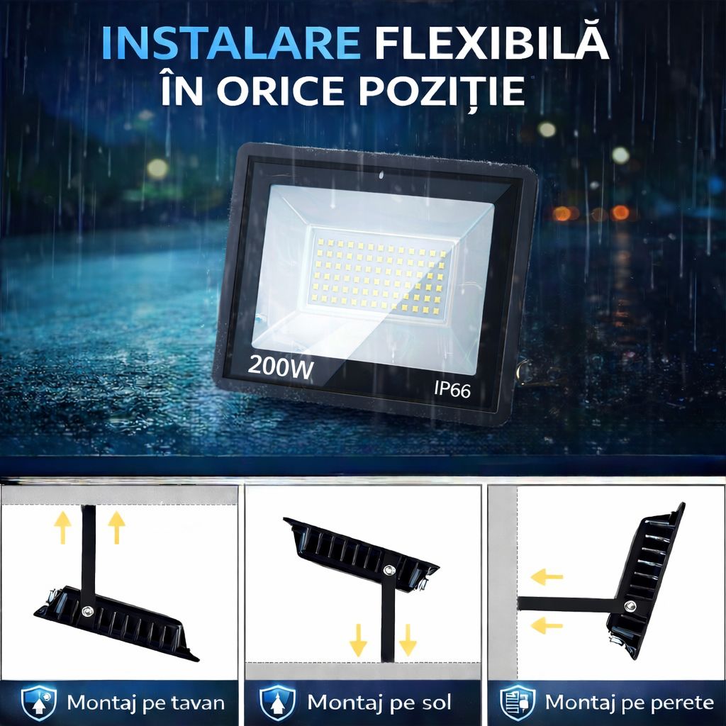Proiector LED 200W Exterior,126 LED-uri, Lumina Rece Intensa, Carcasa Aluminiu + Sticla, 10000 Lumeni, IP66 Rezistent la Apa si Praf, Alimentare 220V, Curte, Garaj, Parcare, Iluminare Profesionala