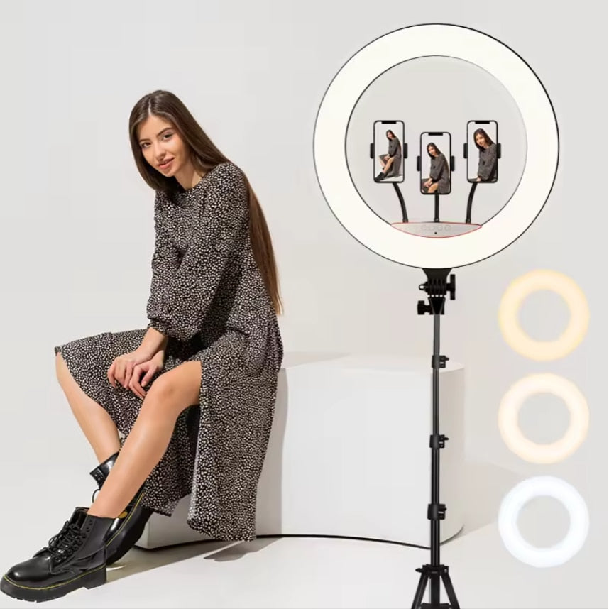 Cerc Luminos Ring Light LED 45cm/18inch, 3 moduri de lumina, 10 trepte reglaj, 3 suporti telefon, telecomanda selfie, trepied 210cm inclus