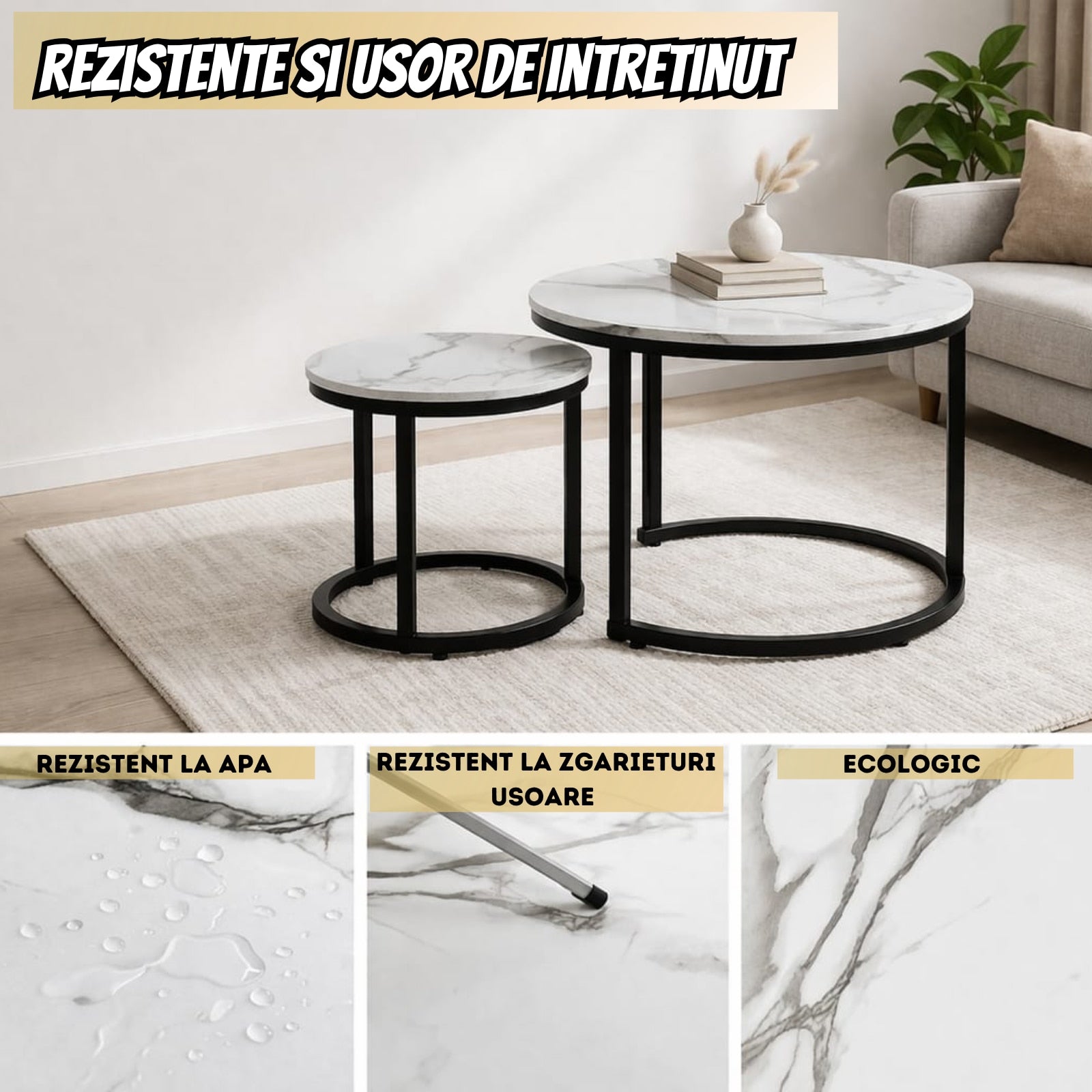 Set 2 Mese Cafea Nesting Premium Infiniteea™️, Living/Office, Design Rotund Elegant, Blat MDF, Aspect Marmura Alba, Structura Metalica Neagra, Stil Modern Rafinat, Economisire Spatiu, Mese suprapuse Alb/Negru, Diametru 50/50cm si 70/70