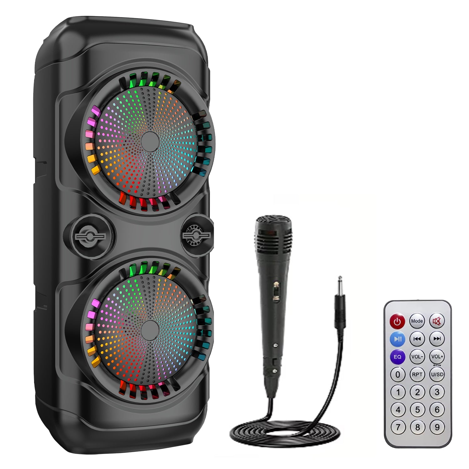 Boxa Portabila Tip Troler Runex®, Microfon, Telecomanda, Bluetooth 5.0, 30W, 2400mAh, Jocuri Lumini RGB, Conexiune USB, Auxiliar, Card SD, Radio FM, Doua Difuzoare 8 Inch