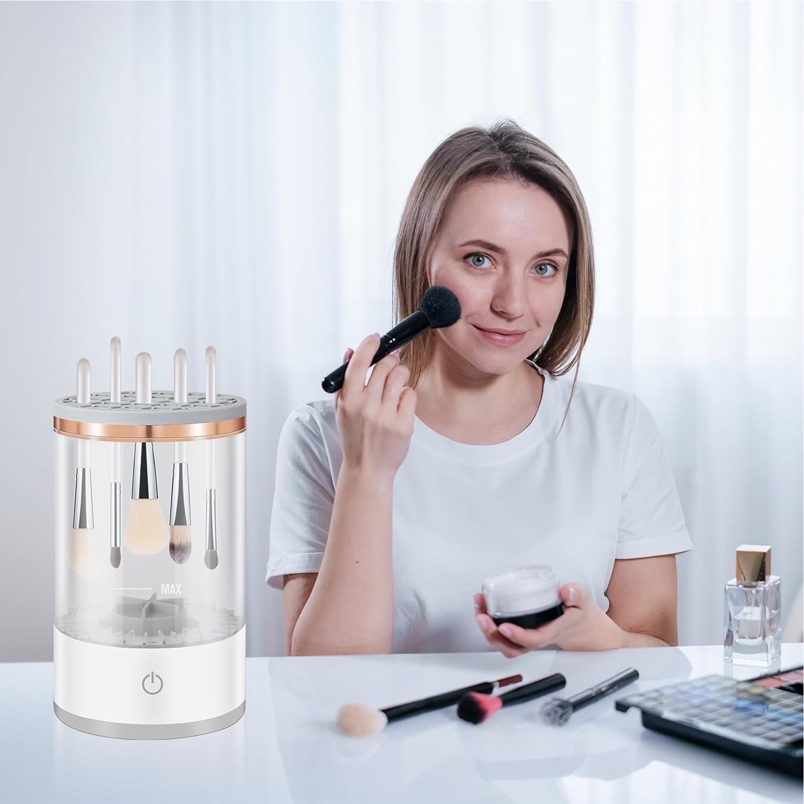 Curatator Electric Pentru Pensule de Machiaj, SINBINTA, Curatare ultrasonica, 7000 RPM, Uscare eficienta, Alimentare USB, Compact si portabil, Usor de curatat, Ideal pentru acasa sau salon, ABS, 9x16cm, Alb