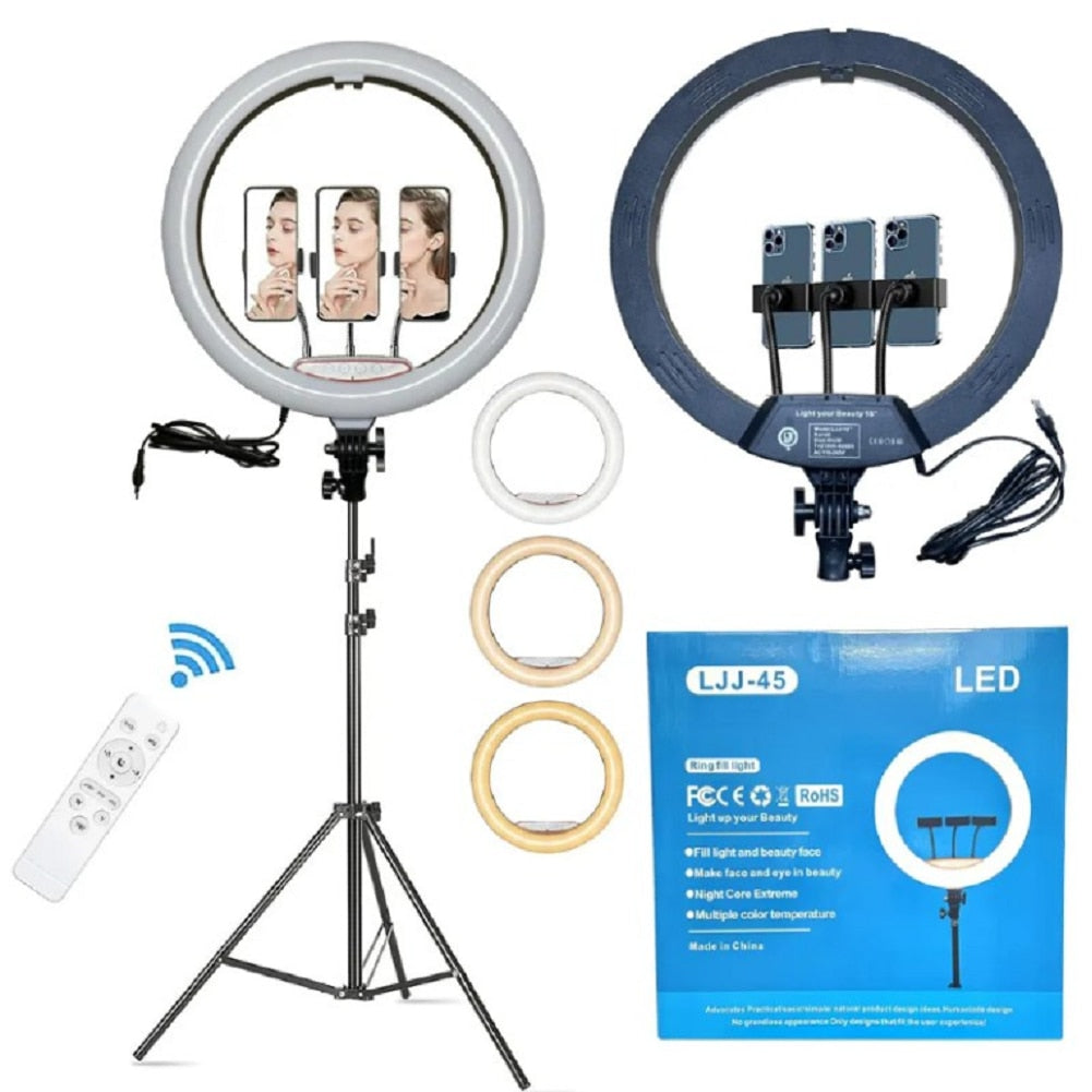 Cerc Luminos Ring Light LED 45cm/18inch, 3 moduri de lumina, 10 trepte reglaj, 3 suporti telefon, telecomanda selfie, trepied 210cm inclus