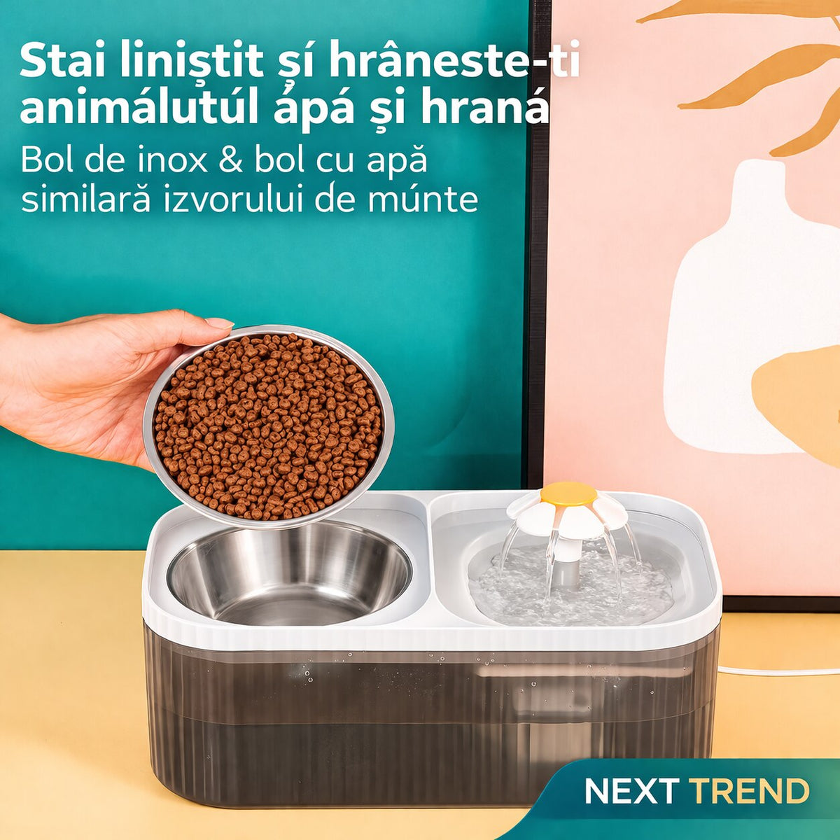 Fantana Apa Caini si Pisici 3L cu Filtru & Pompa Silentioasa + Bol Inox – Dispenser Automat Pet
