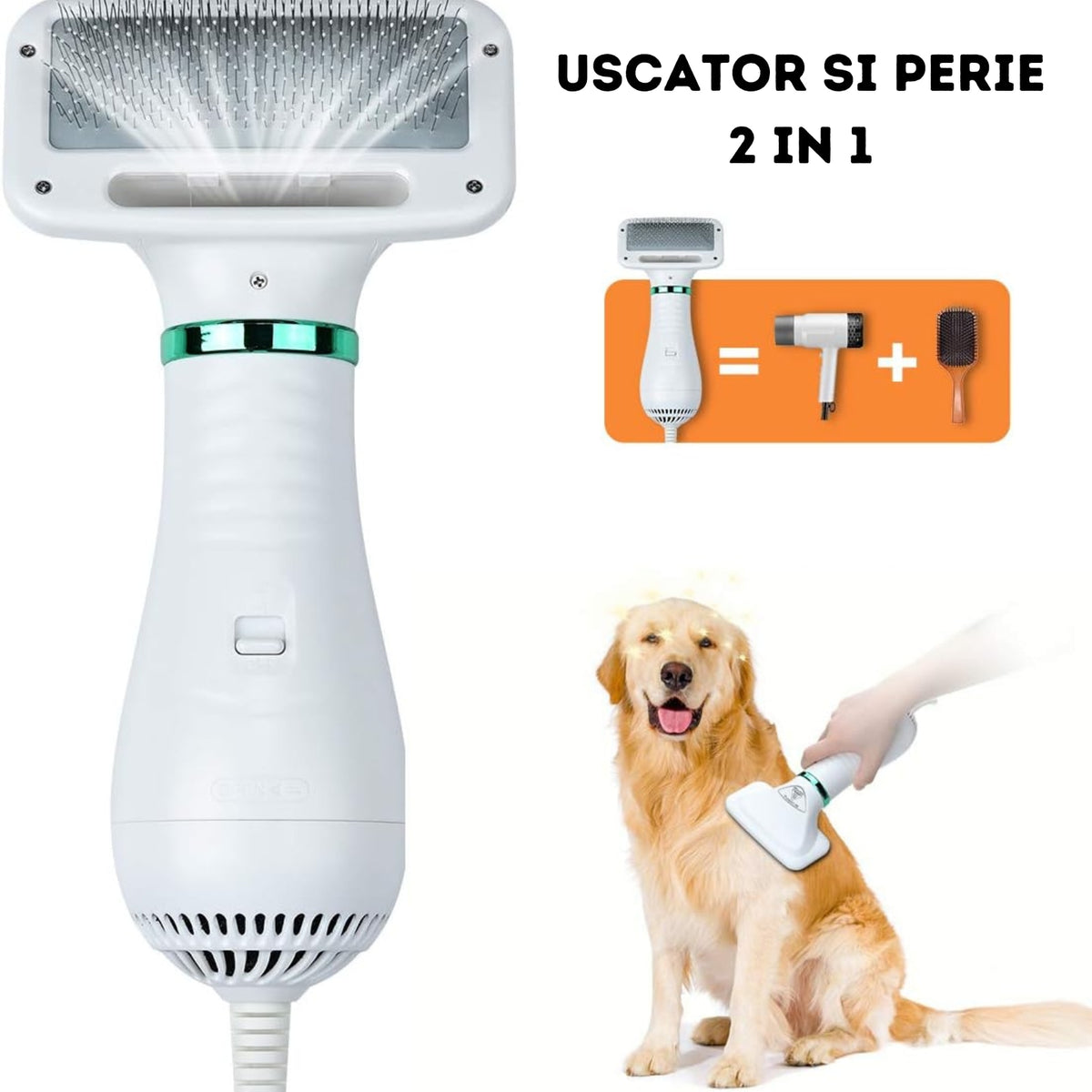 Perie Electrica 2 in 1 pentru Animale Infiniteea™, Descurcare si Uscare Par, Caini si Pisici, Zgomot Redus, Potrivita pentru Toate Taliile, Reduce Naparlirea, Usor de Utilizat, 300w, 2 Trepte de Temperatura, Alb