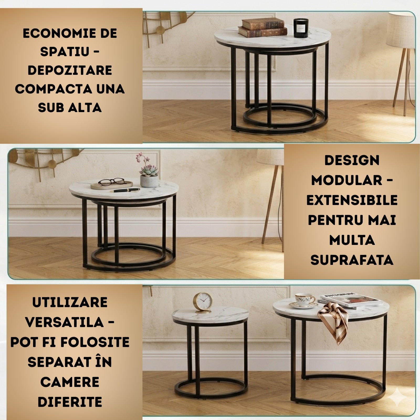 Set 2 Mese Cafea Nesting Premium Infiniteea™️, Living/Office, Design Rotund Elegant, Blat MDF, Aspect Marmura Alba, Structura Metalica Neagra, Stil Modern Rafinat, Economisire Spatiu, Mese suprapuse Alb/Negru, Diametru 50/50cm si 70/70