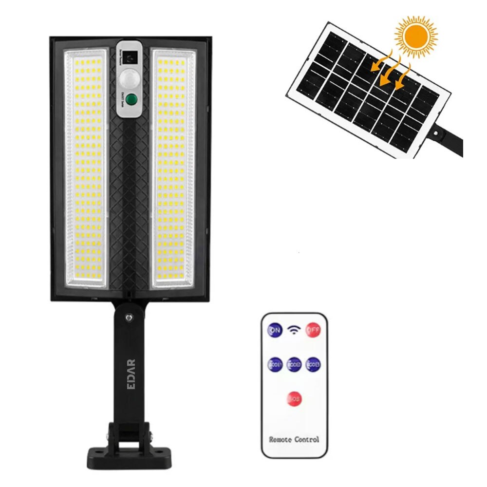 Lampa Solara EDAR Pentru Exterior Cu Montare Pe Perete, Panou Solar Incorporat, Control Telecomanda, 3 Moduri De Lumina, Grad Protectie IP65, Rezistenta La Apa, 270 Led, Negru