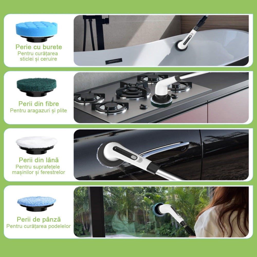 Perie electrica de curatare rotativa, perie electrica de curatare fara fir, cu 9 capete de periere inlocuibile, masina de spalat electric cu 2 trepte, cu maner reglabil si detasabil, potrivita pentru bai, bucatarii, cazi de baie, podele si masini