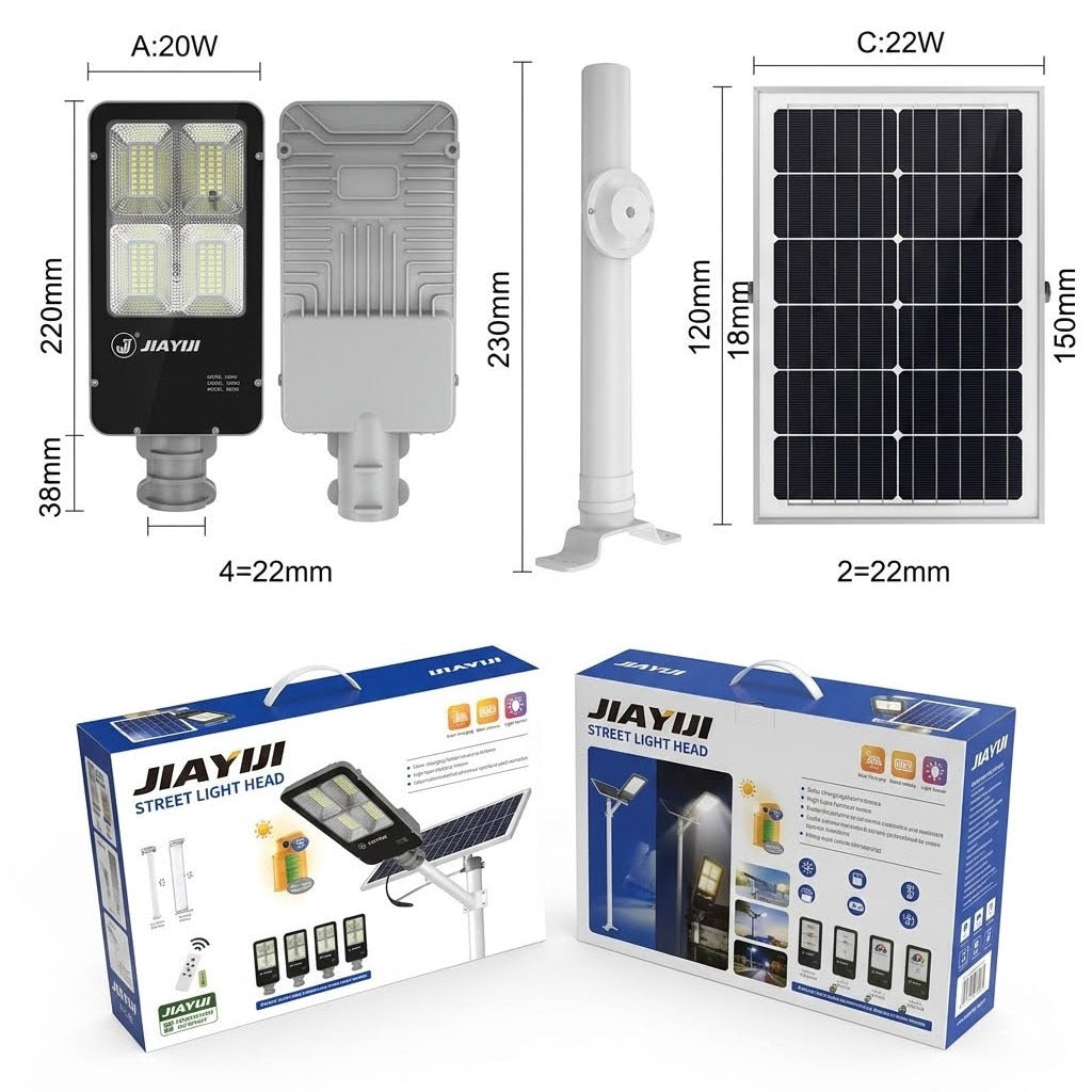 Lampa Solara Stradala LED, 300W, Proiector Exterior cu Panou Solar si Brat de Montare, Rezistenta la Apa
