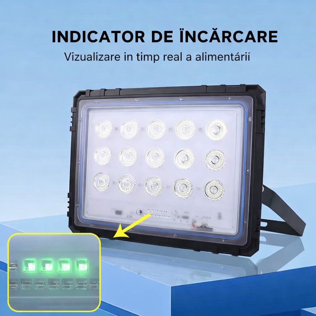 Proiector Solar LED JORTAN 1000W Exterior, 15 LED-uri SMD, Lumina Alb Rece Puternica, IP66 Rezistent la Apa si Praf, Panou Solar Separat, Telecomanda, Autonomie Mare, Iluminare Curte, Gradina, Parcare, Drumuri, Spatii Comerciale