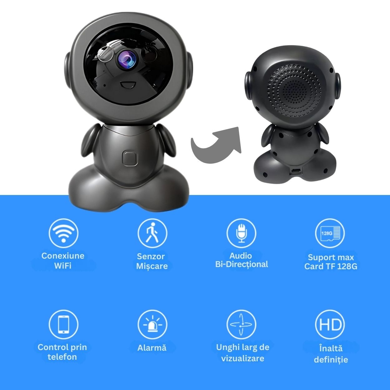 Camera de supraveghere video, forma de robot, Wi-fi, 3MP, Full HD, 1080P, Pan-Tilt 350°, Comunicare bi-directionala, Senzor miscare, Night vision, Supraveghere bebelusi/copii/animale de companie, Interior, Gri antracit/negru, Zocmmi