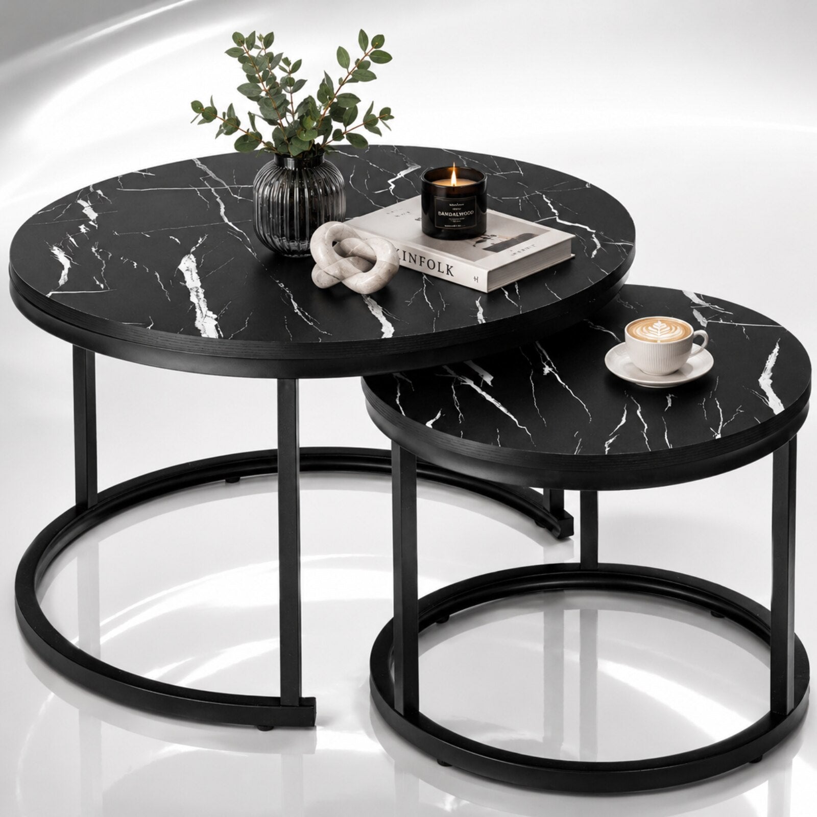 Set 2 Masute Cafea Rotunde Infiniteea™, 2 in 1, Blat PAL Laminat Efect Marmura Neagra, Cadru Metalic, Masa Mare 70x70x47 cm, Masa Mica 50x50x39.5 cm, Design Modern, Ideal pentru Living, Negru