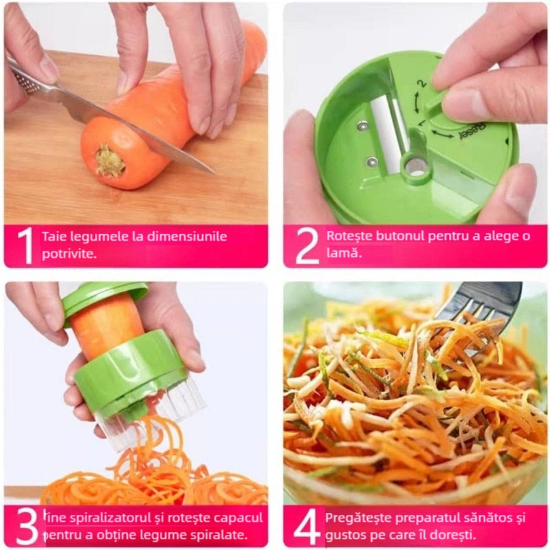 Razatoare Manuala Multifunctionala 3 in 1 KuviKoo™, Spiralizator pentru Legume cu 3 Lame din Inox, Baza Antiderapanta, Compacta si Usor de Folosit, 8,9x7,2x7,2 cm