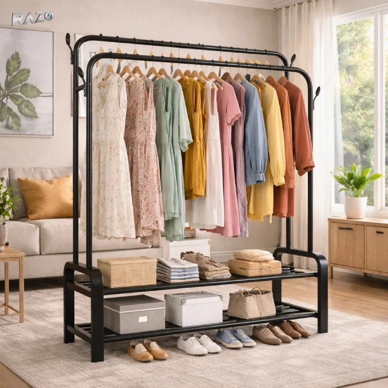 uport metalic dublu pentru haine RAZO, 2 bare, 2 rafturi, Capacitate 48 kg, 110x57x150 cm, Negru