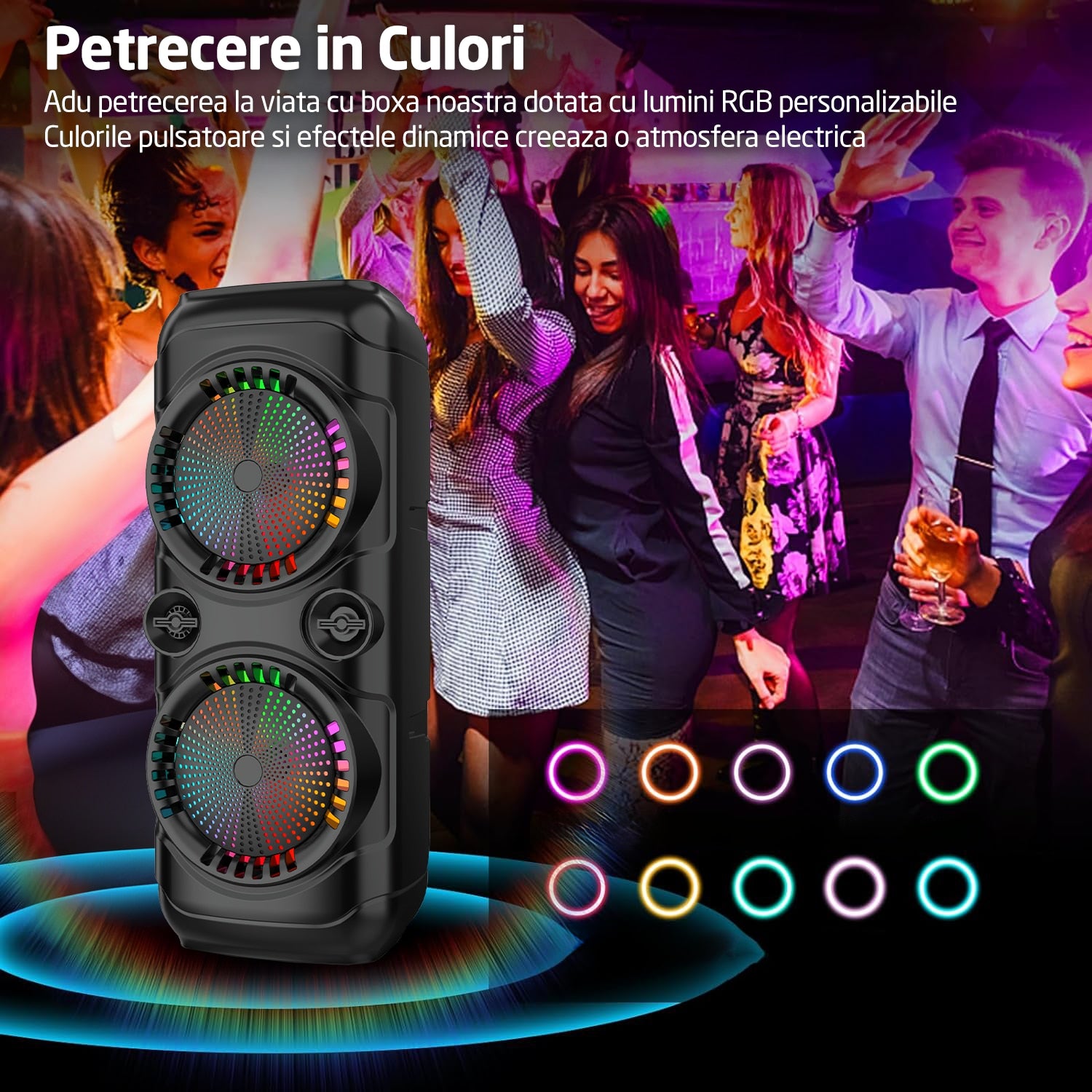Boxa Portabila Tip Troler Runex®, Microfon, Telecomanda, Bluetooth 5.0, 30W, 2400mAh, Jocuri Lumini RGB, Conexiune USB, Auxiliar, Card SD, Radio FM, Doua Difuzoare 8 Inch