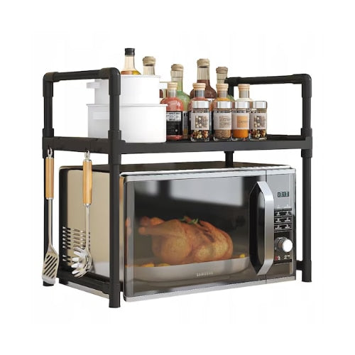 Raft Organizator pentru Cuptor Microunde DMV Solux, Etajera Bucatarie cu Agatatori Laterale, Suport Multifunctional din Plastic Rezistent, Organizator Raft Dublu pentru Blat, Economisire Spatiu, 49x48x32 cm, Negru Elegant