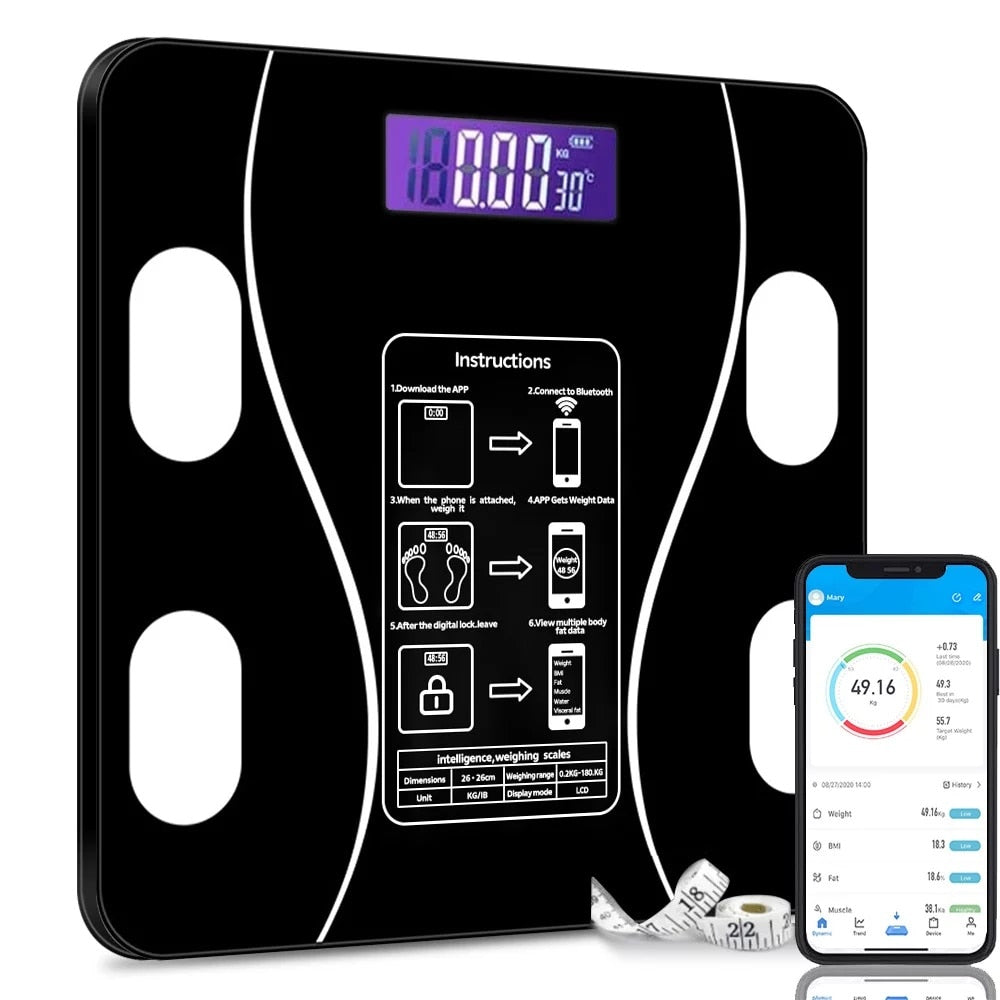 Cantar Inteligent Cu Aplicatie Smart, Bluetooth, Ecran Digital LCD, Sticla Securizata, Fitness Tracking, Maxim 180 kg, Corporal, Antialunecare, Negru