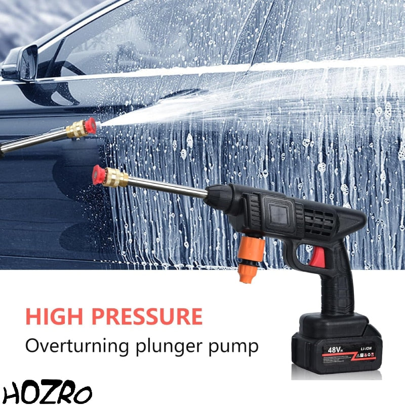 Pistol de Spalat cu Presiune fara Fir HOZRO, 48Vf, cu 2 Acumulatori, 30 Bari, 3 Moduri de Pulverizare, Duze Intersanjabile, Filtru de Apa, Recipient pentru Spuma, Ideal pentru Auto si Curte, Negru