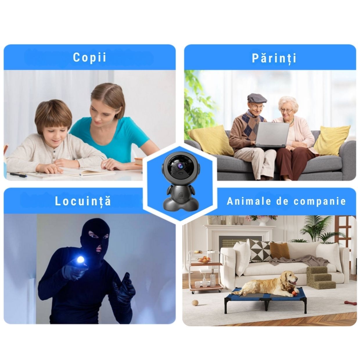 Camera de supraveghere video, forma de robot, Wi-fi, 3MP, Full HD, 1080P, Pan-Tilt 350°, Comunicare bi-directionala, Senzor miscare, Night vision, Supraveghere bebelusi/copii/animale de companie, Interior, Gri antracit/negru, Zocmmi
