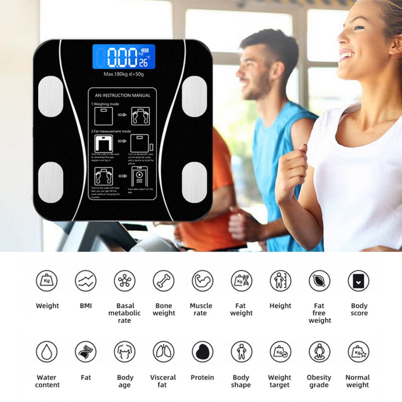 Cantar Inteligent Cu Aplicatie Smart, Bluetooth, Ecran Digital LCD, Sticla Securizata, Fitness Tracking, Maxim 180 kg, Corporal, Antialunecare, Negru