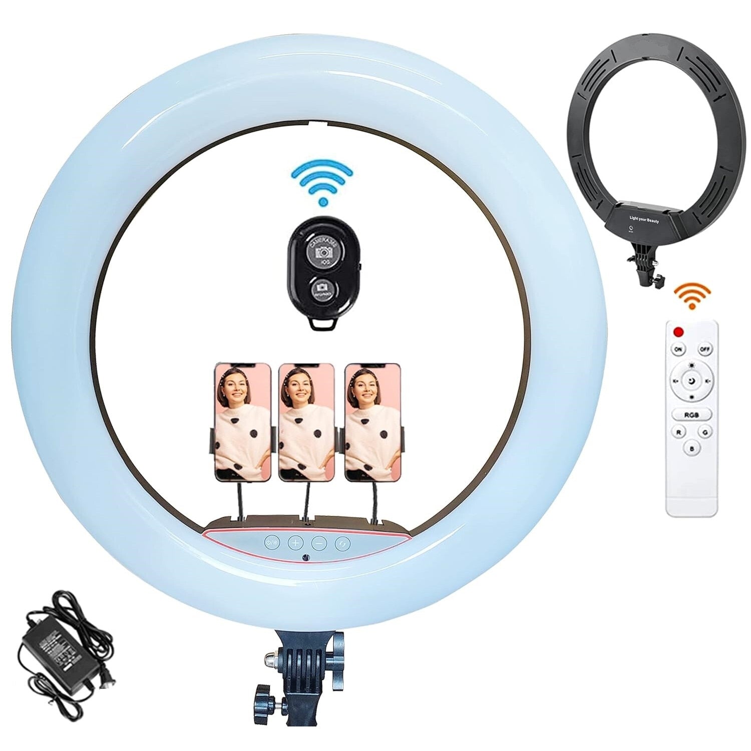 Cerc Luminos Ring Light LED 45cm/18inch, 3 moduri de lumina, 10 trepte reglaj, 3 suporti telefon, telecomanda selfie, trepied 210cm inclus