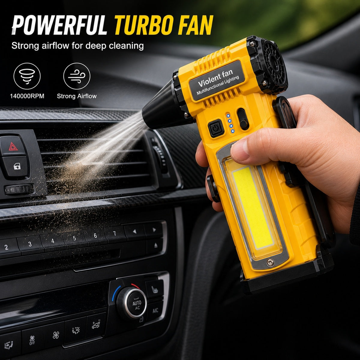 Suflanta Aer Comprimat Portabila 4 in 1 Pexor, Functie Aspirate, Turbo Fan 140000 RPM, 4 Trepte Putere, Baterie 8000 mAh, Incarcare USB-C, Motor Fara Perii, Galben-Negru