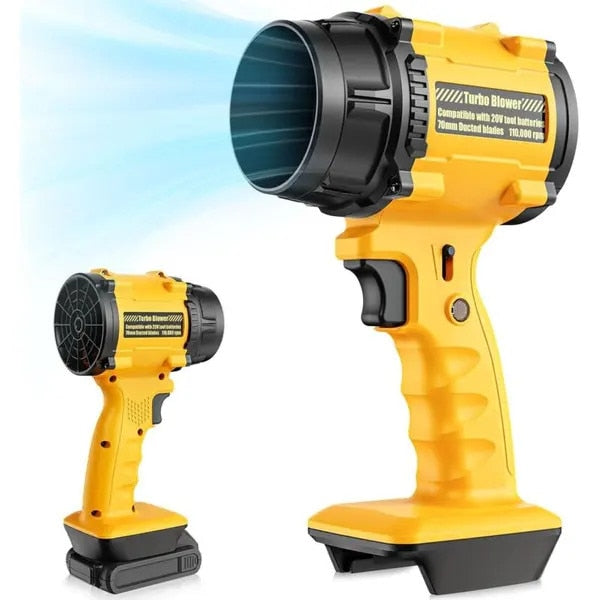 Suflanta electrica fara fir Turbo Jet Double-Blow V2.0 IZO-CJ-K0497-260708-1069, 110.000 rpm, flux aer 320 km/h, compatibila cu baterii 18–21 V (Makita/Milwaukee/DeWalt), galben, dim. cca 135 x 90 x 245 mm