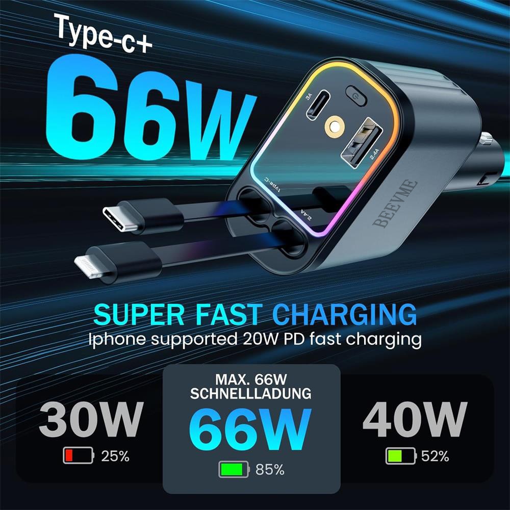 Incarcator auto 66W Fast Charge, cu cablu retractabil si proiector stelar, 3 in 1 cablu inclus, Type-C/Lightning/USB-A, compatibil Apple/Samsung/Huawei, BEEVME, Gri metalizat